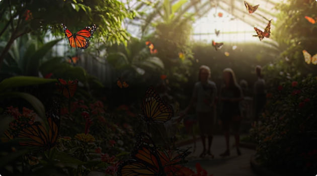 Motylarnia Mielno – kolorowe tropikalne motyle latające wśród egzotycznych roślin w szklarni