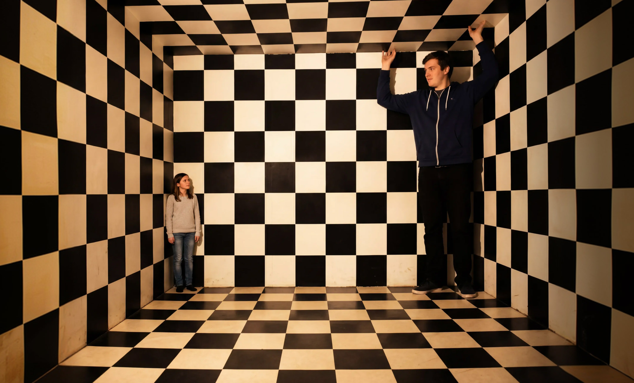 Pokój Amesa w muzeum iluzji Mielno – iluzja perspektywiczna zmieniająca postrzeganą wielkość osób