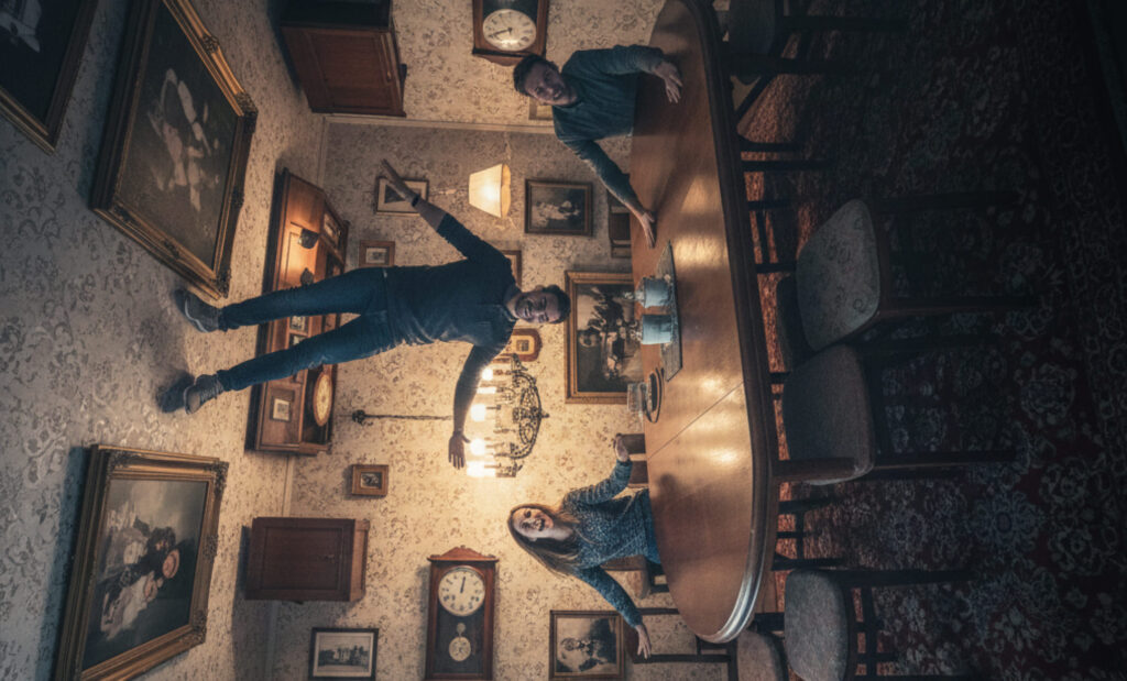 Pokój do góry nogami w muzeum iluzji Mielno – odwiedzający pozują jakby chodzili po suficie