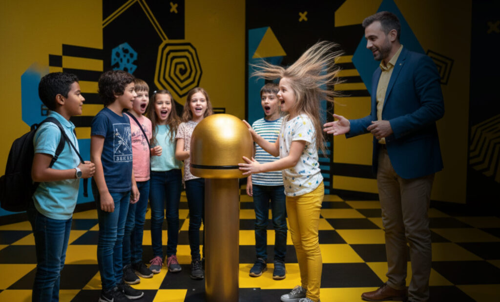 Uczniowie z zachwytem obserwują generator Van de Graaffa w muzeum iluzji Mielno – lekcja nauki